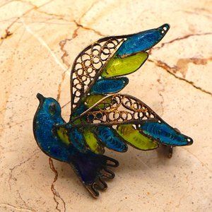 Old Vintage Blue Green Gilt Filigree Plique A Jour Flying Bird Brooch